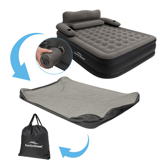 vaizduojamas pripučiamas čiužinys kartu integruota pomp ir nešiojimo krepšiu